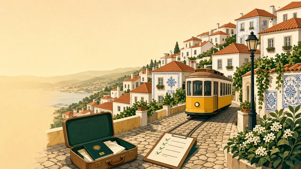 Ilustração de uma rua com casas de telhado laranja, azulejos azuis e um elétrico amarelo, com uma mala e uma prancheta de checklist.