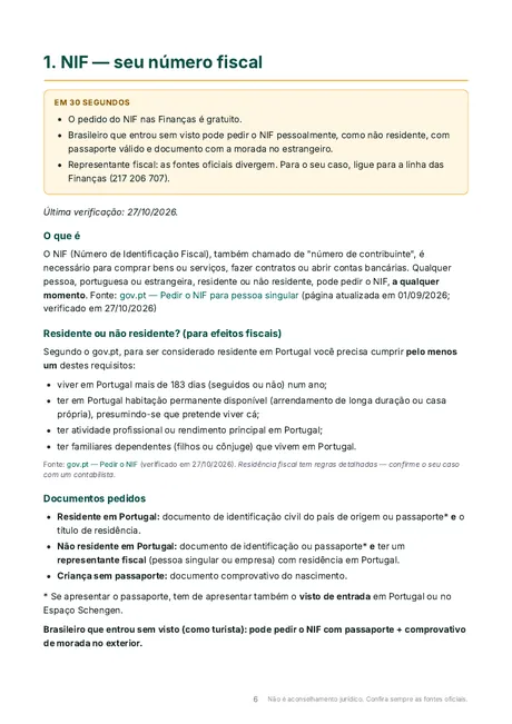 Página do capítulo 1, NIF, com resumo “Em 30 segundos” e fontes oficiais.