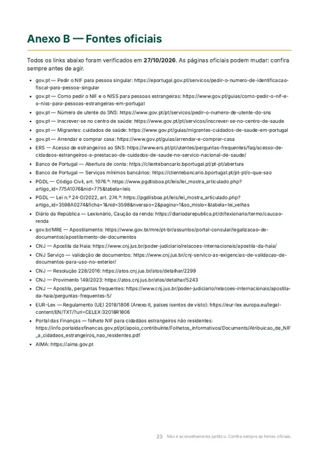 Página do Anexo B com a lista de fontes oficiais e data de verificação.